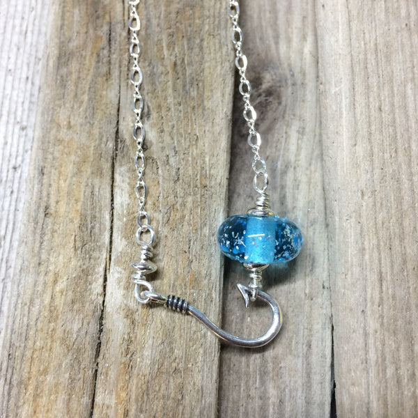 Fish hook Necklace with Beach Sand Handmade glass bead (Light Aqua) —The C Glass Studio