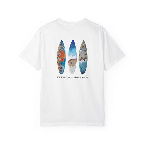Surfboard Art T-Shirt — Coastal Wave Trio Graphic (The C Glass Studio)