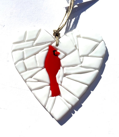 Cardinal fused glass heart suncatcher - The C Glass Studio