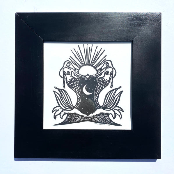 Linocut Print Mermaid Sun