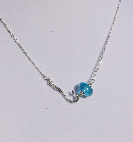 Fish hook Necklace with Beach Sand Handmade glass bead (Light Aqua) —The C Glass Studio