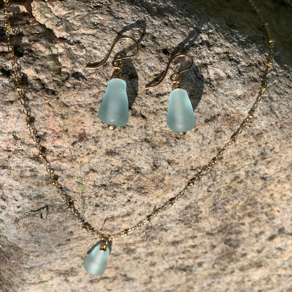 14K Gold Filled Handmade Seaglass Bead Earrings (Light Aqua) —The C Glass Studio