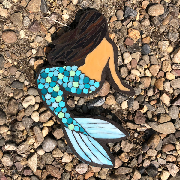Mermaid Mosaic (Brown Hair, Blue Tail) —The C Glass Studio